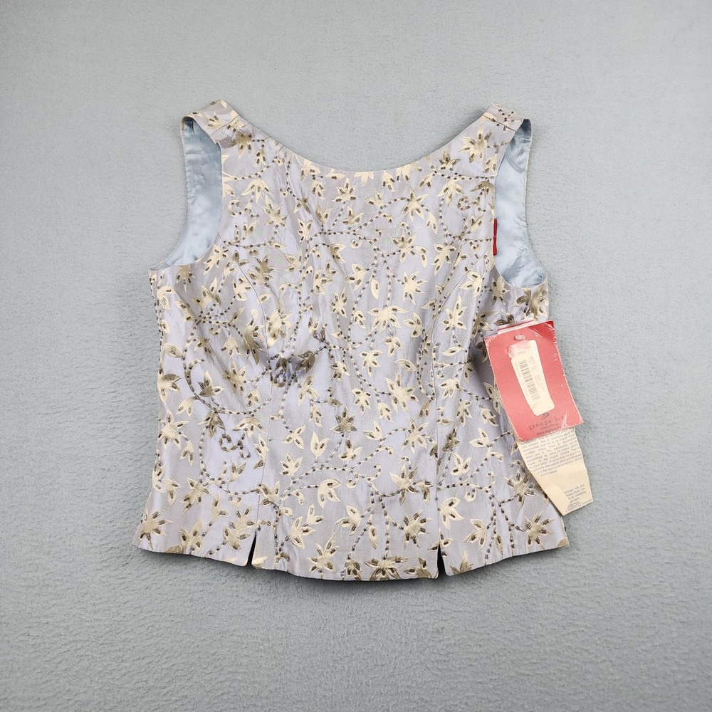 JS Collections Blouse Womens 10 Blue Floral Beaded Embroidered V Neck Top NWT
